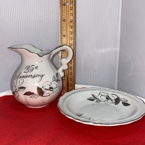 Georgian Fine China 25th Anniversary Miniature Pitcher & Bowl Silver Trim - Picture 11 of 12